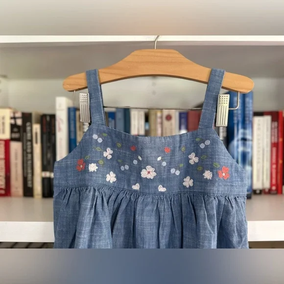 NWT Bonpoint Fedora Cotton Chambray Dress with Floral Embroidery, Size 10A